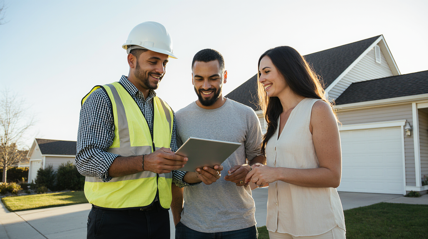 Inspector and homeowner discussing roof inspection