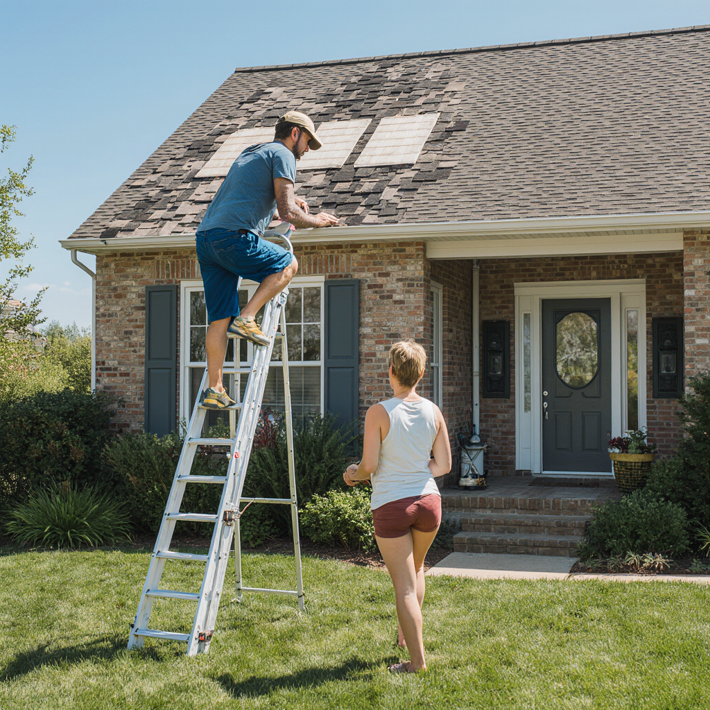 Inspector on ladder with homeowner